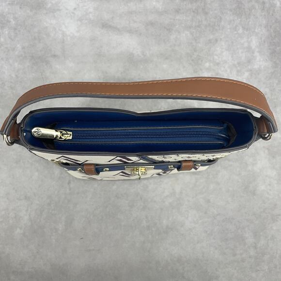 Adrienne Vittadini Sig Crossbody Logo Monogram Buckle Lock Detail Blue Tan Cream - Picture 9 of 9